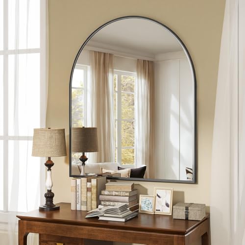Image of VooBang Arched Wall Mirror, 26 x 28 inch Arch Bathroom Mirror, Wall Mounted Vanity Mirror with Arch Metal Frame, Modern Bathroom Vanity Mirror for Bedroom, Living Room, Hanging or Leaning, Black