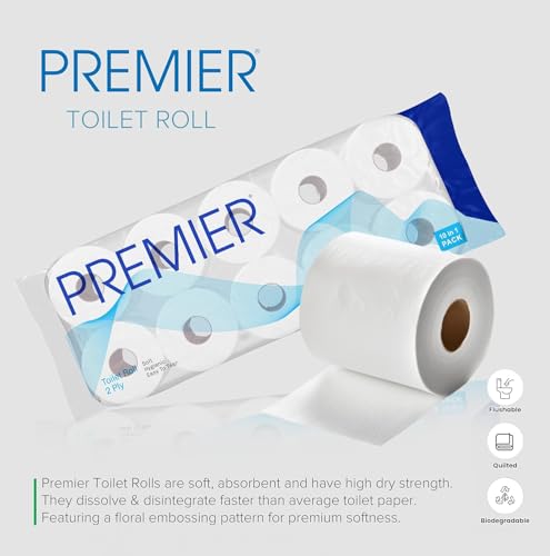 Image of Premier Toilet Tissue Rolls (1600 Pulls) | 2-Ply Soft and Highly Absorbent | 160 Pulls x 10 Rolls | Biodegradable | Clog Free | Flushable | Easy to Tear | Family Pack (10in1) Toilet Paper Roll
