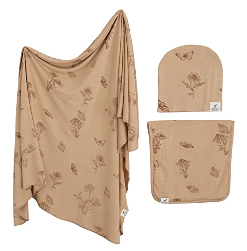 Image of Leyl&Ari Stretchy Swaddle Blanket | Knit Swaddle Blankets | Receiving Blanket Burp Cloth Hat Set | Butterfly Swaddle Blanket