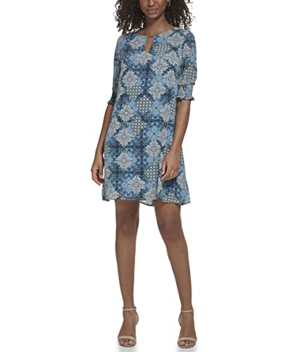 Jessica Howard Women's Tile Print Chiffon Shift Mini Dress with Elbow Sleeves