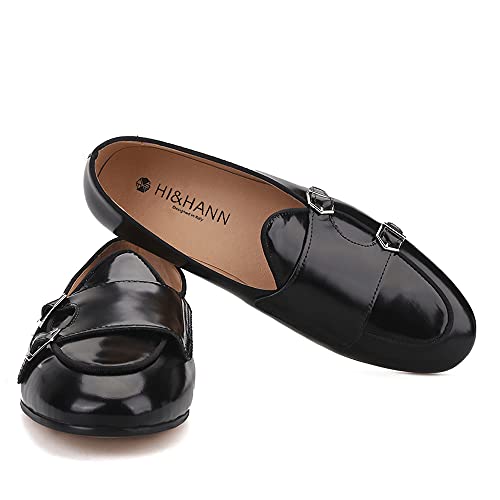 HI&HANN Black Hand-Polished Calfskin Patchwork Velvet Double-Monk Belgian Loafers for Party and Prom Men's Smoking Slippers