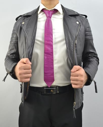 Image of Mens Lamb Leather Necktie - Skinny Solid Casual Business Wear Narrow Leather Slim Tie- Neckties for Party Wedding Gift