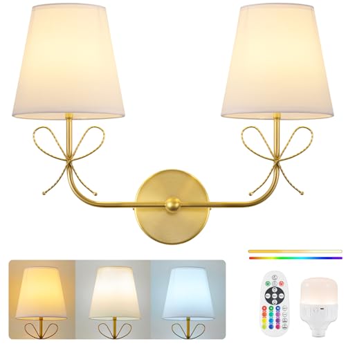 Image of PASSICA DECOR Bow Battery Operated Wall Sconce, Rechargeable Wireless Double Lights with Dimmable Bulbs, 15 Colors and Remote Control, Gold Wall Lamps for Bedroom, Bathroom