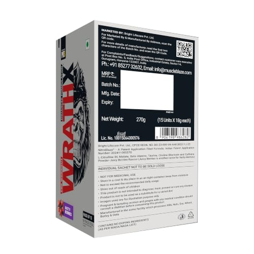 Image of MuscleBlaze Pre Workout WrathX Powder, Natty Berries, 270g, 15 Servings | Fully Loaded, Crash Free with Caffeine, Citrulline & Beta Alanine | Trustified Certified | Built for Athletes - Dope Free