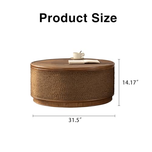 KEIKI 31.5" Round Rattan Coffee Table with Lift-Off Lid Storage, Hand-Woven Hemp Rope Trim Coffee Tables, Boho Center Table for Living Room by KEIKI - Image 3