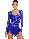 Nyeemya Vestido de Baile Salsa con Flecos para Mujer Manga Larga con Pedrería Brillante Vestido Baile de Salon Latino Profesional Rumba Vals Chachachá Azul Real S
