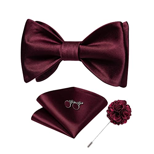 Image of DiBanGu Solid Color Bow Ties for Men Formal Satin Self Tied Bowtie with Lapel Pin Pocket Square Cufflinks for Wedding Party