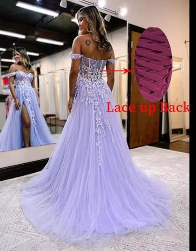 Off The Shoulder Tulle Prom Dresses with Slit Laces Applique Sweetheart Long Evening Party Dress2
