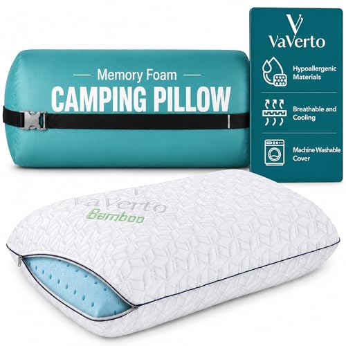 Vaverto Small Memory Foam Bed Pillow for Camping - Compressible Medium Firm, Breathable Cover, Machine Washable, Ideal Backpacking
