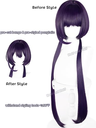 Image of Half and Half Kyouka Cosplay Wig Long Dark Purple Anime Ponytail Wig 34.6'' Deep Purple Twin Tails Wig with Bangs Detective Costume Wigs for Women Halloween Daily