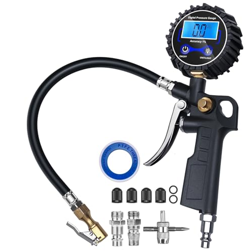 DigitPro Digital Tire Pressure Gauge with Inflator, Air Compressor Accessories with Air Chuck Quick Connect Coupler, Car Attachments with Rubber Hose for Car, Truck, SUV, Cycle, RV, 250 PSI
