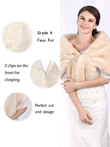 Aukmla Women's Wedding Faux Fur Shawls and Wraps Bridal Fur Scarf Stoles with Rhinestones Brooch for Bride and Bridesmaids (Beige)