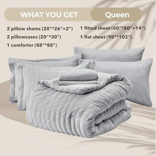 Image of HYMOKEGE Light Grey Queen Comforter Set Seersucker 7 Pieces, All Season Luxury Bed in a Bag for Bedroom, Bedding Set with Comforters, Sheets, Pillowcases & Shams