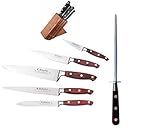  K SABATIER - Coffret De 5 Couteaux - Un Fusil Et Un Bloc en Bois Gamme Elegance - Acier Inoxydable - Manche Bois - 100% Forge - Entièrement Fabrique en France
