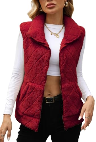 Adigau Women Elegant Fleece Coat Fitted Sleeveless Cardigan Solid Color Zipper Gilet Basic Lightweight Vest Work Fuzzy Gilets Short Jacket with Pocket Red L