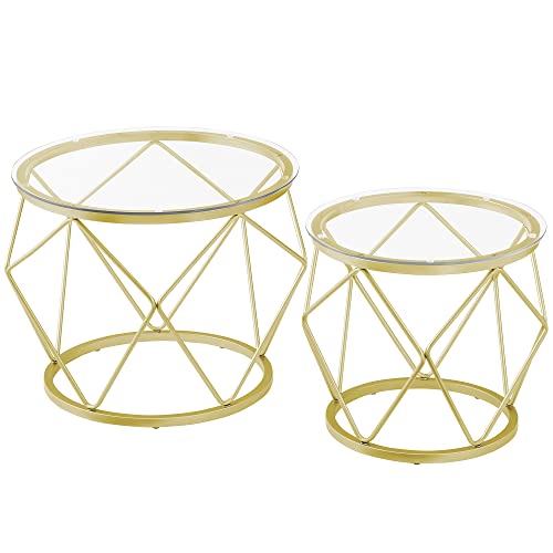 Hzuaneri Glass Coffee Table Set - Round End Table Set Of 2, Coffee Table With Metal Frame And Tempered Glass Top, Modern Accent Side Table For Living Room, Bedroom, Office, Gold 01801Gct #TOP6