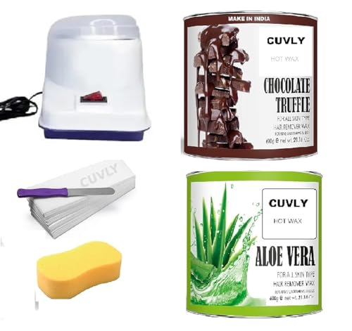 Image of CUVLY Wax Kit Wax Heater Machine Waxing Kit Combo Wax Machine Chocolate Cream Wax (550 gm) Aloe Vera (550 gm) Strips (70pcs) Spatula(Kinfe),Sponge) | Hair Removal Waxkit (Wax Warmer Waxing Combo)