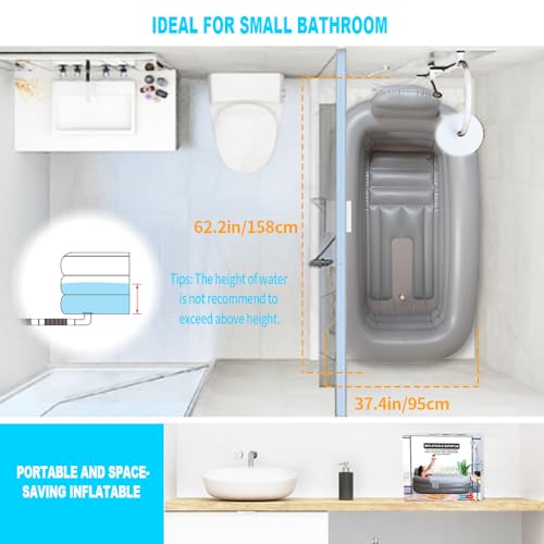 Foto de Bañera inflable para adultos – Bañera inflable para adultos para uso en ducha en interiores, bañera portátil para adultos con cubierta, 62.2 x 37.4 x 17.72 pulgadas, gris claro (imagen 7)