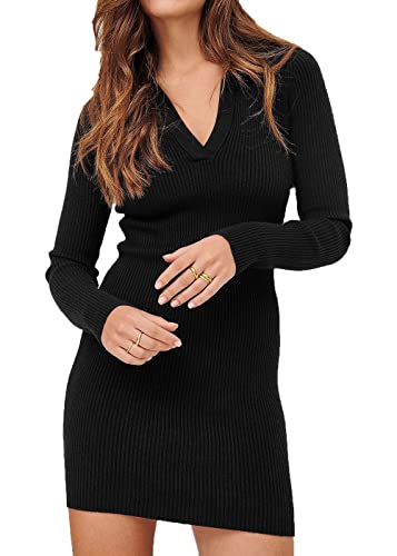 Delsea Damen Langarm Kleider Bodycon Minikleid V-Ausschnitt Partykleid Elegant Strickkleid Mode Blusenkleid Vintage Revers Einfarbig Freizeitkleid(L,Schwarz) Cover