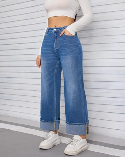 Women's Straight Wide Leg High Waist Jeans for Trendy Stretch Denim Pants with Cuffed Hem-Comfort Fit Casual Outfit4