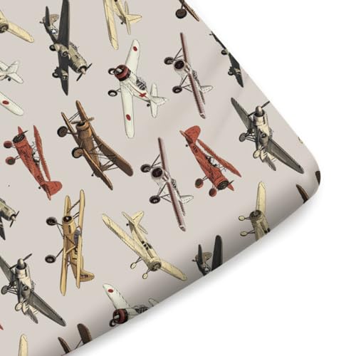 Image of Vintage Airplane Baby Crib Sheets for Boys Girls 52 inchx28 inch Retro Airplanes Transportation Travel Crib Mattress Covers Snug Fitted Soft Breathable Baby Sheets for Standard Crib and Toddler Mattresses
