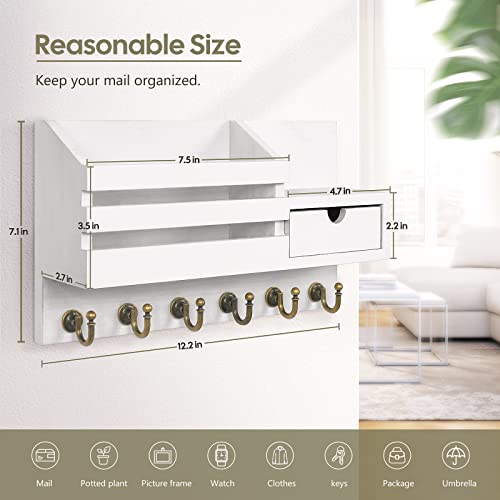 FifthQuarter Key and Mail Holder for Wall, Mail Organizer Wall Mount with 6 Hooks and Storage Drawer, Easy Installation Key Rack for Entryway and Home Decor (A-White)