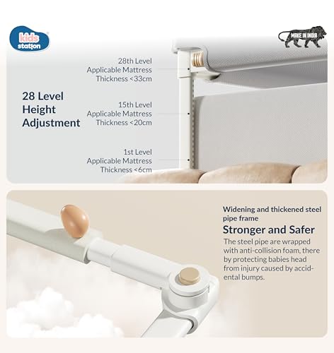 Image of Kids Station Foldable Baby Bed Rail Guard - 28-Level Adjustable Height, 5.3ft (160cm), 1 Side, Made in India (Grey, with Pocket)