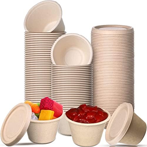 50 x 2oz, 4oz Bagasse Fiber Condiment Cups with Lids, Sauce Containers Paper Sample Portion Cup Disposable Souffle for Snack Dressing Food Storage (2oz)