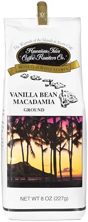 Hawaiian Isles Coffee Vanilla Bean Macadamia Flavored, Light Roast Ground Coffee, Roasted with Aloha - 8 Ounce Bag