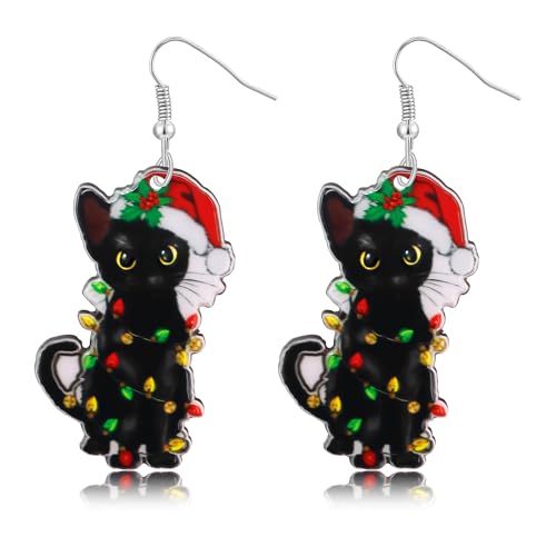 PEALICIOUS Christmas Cat Earrings Black Cat Gifts for Women Funky Cat Sweater Jewelry for Girls Matching Catt Christmas Outfit Cute Winter Earrings for Black Catt Stocking Stuffers Acrylic Holiday Accessories