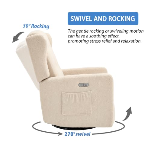 Image of Ketaiyou Power Swivel Rocking Recliner Chair, Electric Rocker Nursery Glider Chair, USB and Type-C Ports, Upholstered Teddy Fabric Reclining Single Sofa Chair for Living Room (Light Khaki)
