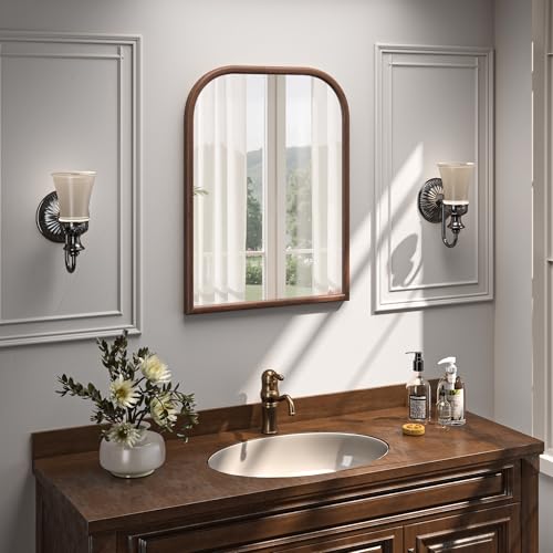 Image of 24 inchx32 inch Arch Wall Mirror for Wall, Wall Mounted Vanity Mirror for Bedroom, Wood Grain Finish Frame Mirror with Tempered Glass, Vintage Decorative for Bathroom, Entryway, Living Room, Walnut
