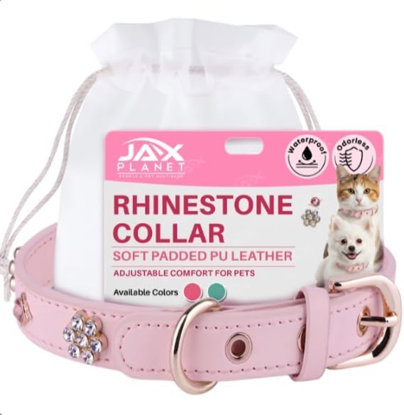 Bling Rhinestone Dog & Cat Collar for Small Dogs & Cats - Crystal Flower Design, Soft Padded Adjustable Vegan PU Leather, Pink - M