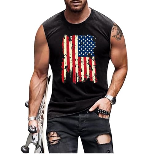 4th of July Shirts for Men American Flag Patriotic Tank Tops Muscle Gym Sleeveless Graphic Tee Tops(Black-1 M)