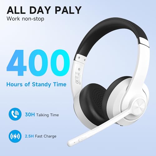 Image of AOC Wireless Headset with Mic for Work with Noise Cancelling Mic for Clear Calls, 30H Playtime PC Bluetooth Headphones and Multipoint Connect to Laptop Computer and Mobile, Wired or USB Dongle- White