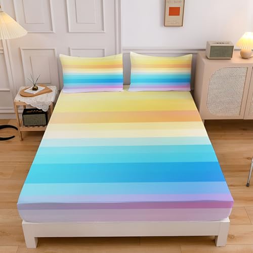 Sábana Bajera Ajustable 105x190cm,Líneas Degradado, Sábana Ajustable, Microfibra Suave, Simple Rayas Juego de Cama con Bolsillo Profundo de 30 cm, Tacto Suave Sábana para Cama 105