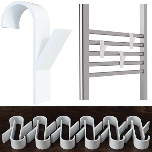 Incutex 12 Stück Haken für Rundheizkörper – Weiße Kunststoff-Badhaken für Handtuchhalter, Heizkörperstangen - Bewegliche Heizkörperhaken zum Aufhängen von Handtüchern, Bademänteln im Bad, WC, Haushalt