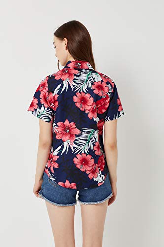 SSLR Women's Printed Short Sleeve Casual Button Down Hawaiian Shirt (Large, Navy(668-65))