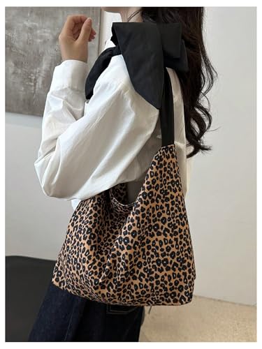 Image of QWINEE Women's Y2K Leopard Print Tote Handbag Casual Cheetah Print Canvas Shoulder Bag Bow Underarm Bag Brown One-Size