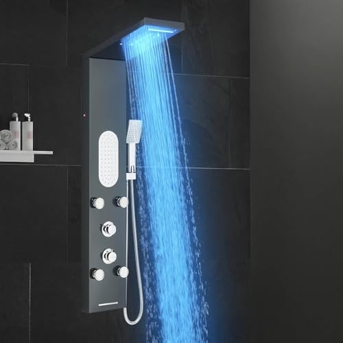 Columna de Ducha Negra para Spa en Casa, Panel de Ducha con 5 Funciones de Hidromasaje, Sistema de Lujo en Acero Inoxidable