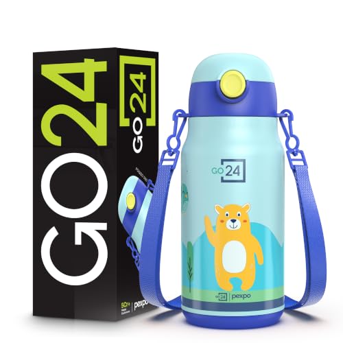 Go24 pexpo Stainless Steel Sipper Water Bottle for Kids - 420ml | 3 Layer Insulation, Hot & Cold , ISI Certified, BPA Free, Leakproof, 2 Year Warranty | Poggo (Sea Green) Bear
