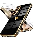 Dretal for Samsung Galaxy S25 5G Case with Screen Protector, Women Girl Cute Girly Love-Heart Luxury Gold Soft Camera Protection Bumper Shockproof Phone Case for Galaxy S25 (Black)