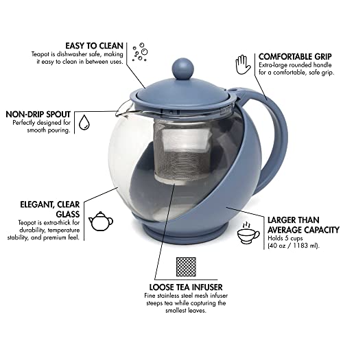 Image of Primula Half Moon Teapot with Removable Infuser, Glass Tea Maker with Reusable Fine Mesh Stainless Steel Filter, Dishwasher Safe, 40-Ounce, Blue (Pack of 6)