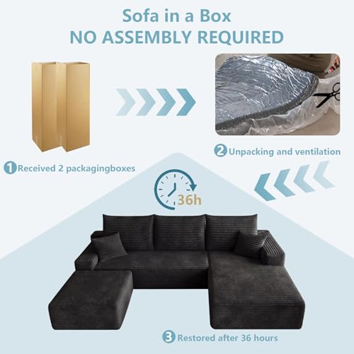 Image of 95 inch Boneless Cloud Couch Sectional Couches Sofa for Living Room | Modular U-Shaped Couch, Comfy Modern Corduroy Memory Foam Sofas with Ottoman, Oversized Chaise (Black, Right-Facing Chaise)