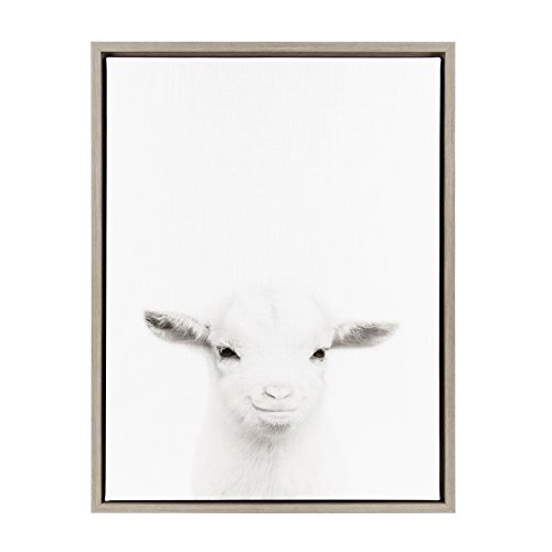 Kate and Laurel Sylvie Baby Goat Black and White Portrait Framed Canvas Wall Art by Simon Te Tai, 18x24 Gray