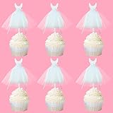 Wedding Dress Cupcake Toppers 12Pcs Glitter White Tulle Dress Cupcake Toppers Bridal Shower Party Decorations for Bride to Be Engagement Wedding Party Supplies