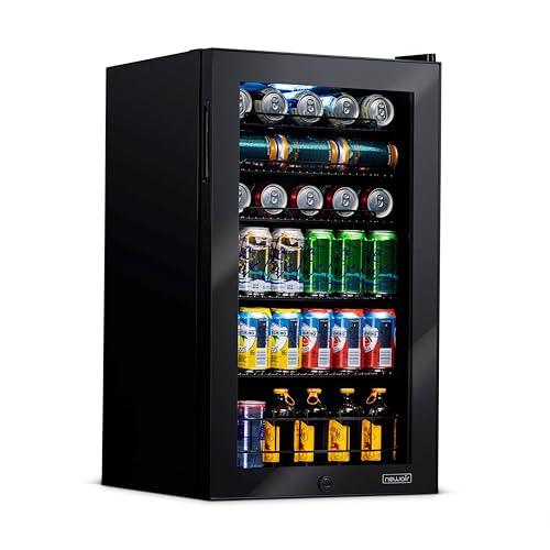 Image of NewAir 126 Can Beverage Refrigerator | Freestanding Small Mini Fridge for Bedroom with Glass Door | Drink Cooler with Adjustable Shelves, Quiet Cooling & Locking Door | Black