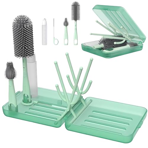 Image of Portable Baby Bottle Cleaning Kit – BPA Free Baby Bottle Brush Set, 6 in 1 Travel Bottle Cleaner Kit with Silicone Brushes, Soap Dispenser & Foldable Drying Rack