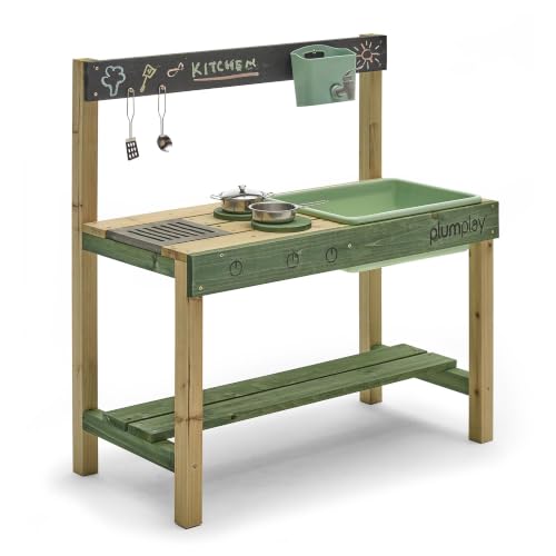 Plum Play Grubby Griddle Outdoor Discovery Mud Kitchen with Tap and Sink - Cooking utensils included - With hobs and grill
