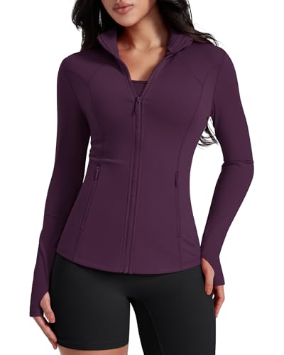 AVGO Womens Workout Jackets Lightweight Athletic Zip Up Jacket Slim Fit Running Gym Top with Pockets & Thumb Holes(Dark Magenta, L)